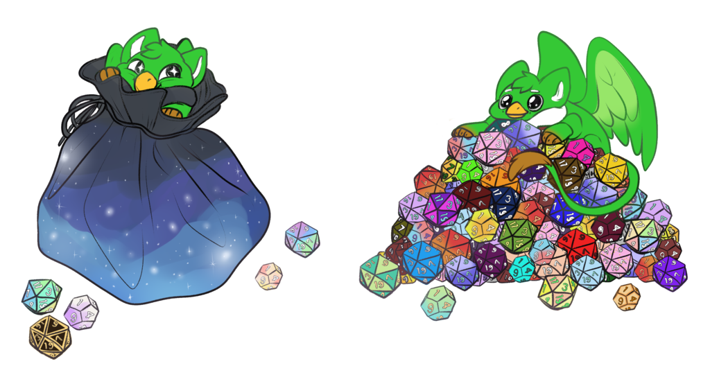 Two drawings on a transparent background showcasing a small green gryphon trapped in a dice bag and another where the gryphon is acting like a dragon on a pile of assorted D20 dice. Artwork by LeeohFox. Digital artwork, flat colors.