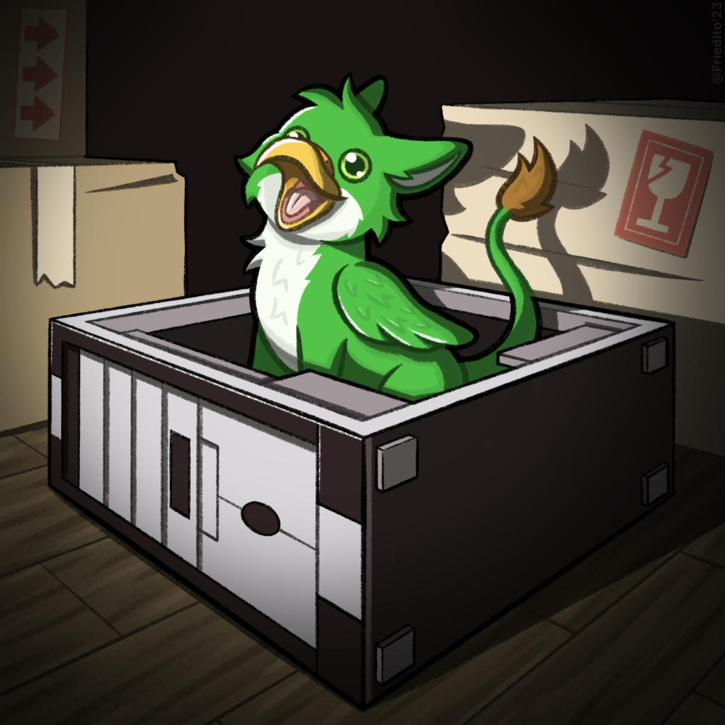 A smiling green gryphon sits inside of an open computer tower amongst other boxes. Artwork by Friedito. Digital artwork, colored with shading and shadows.