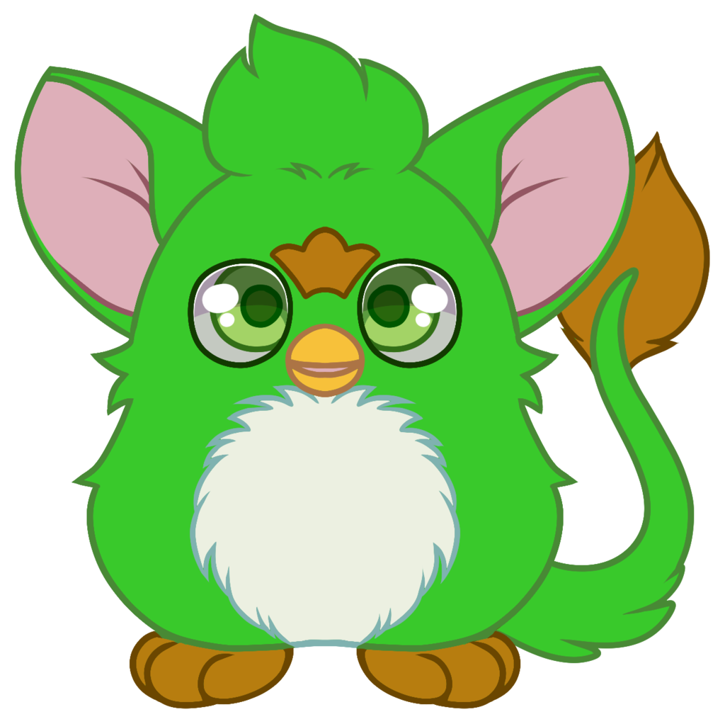 A green gryphon with a white belly and brown paws rendered in the style of a furby. Artwork by AethiriArts. Digital artwork, flat colors.