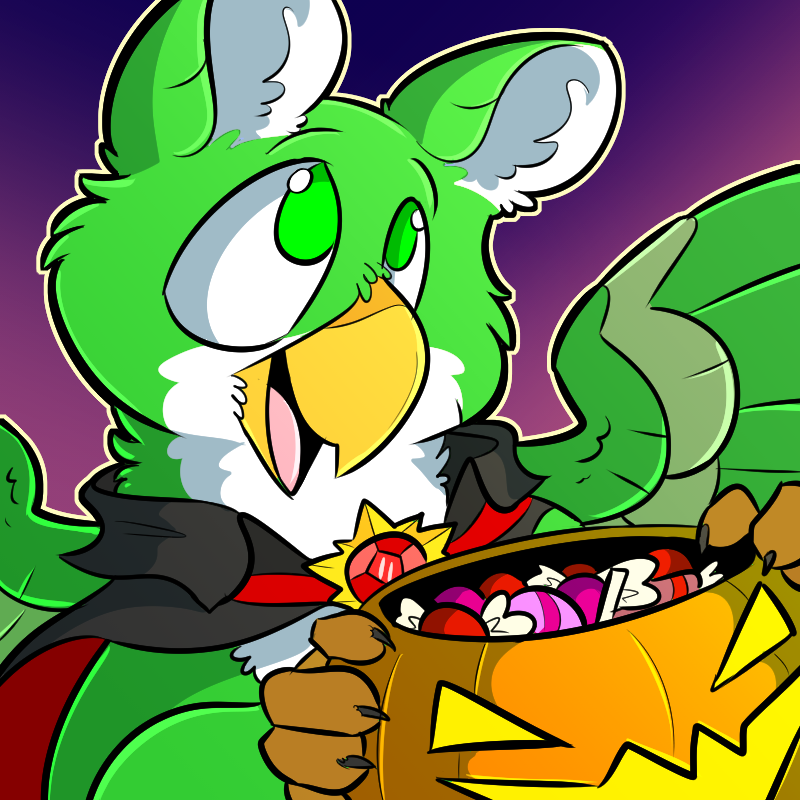 A green gryphon with a white belly and brown paws looks up while holding a jack-o-lantern filled with candy. The gryphon is wearing a cape akin to a vampire. Artwork by StupidShepherd. Digital artwork, mostly flat cartoony colored lineart.