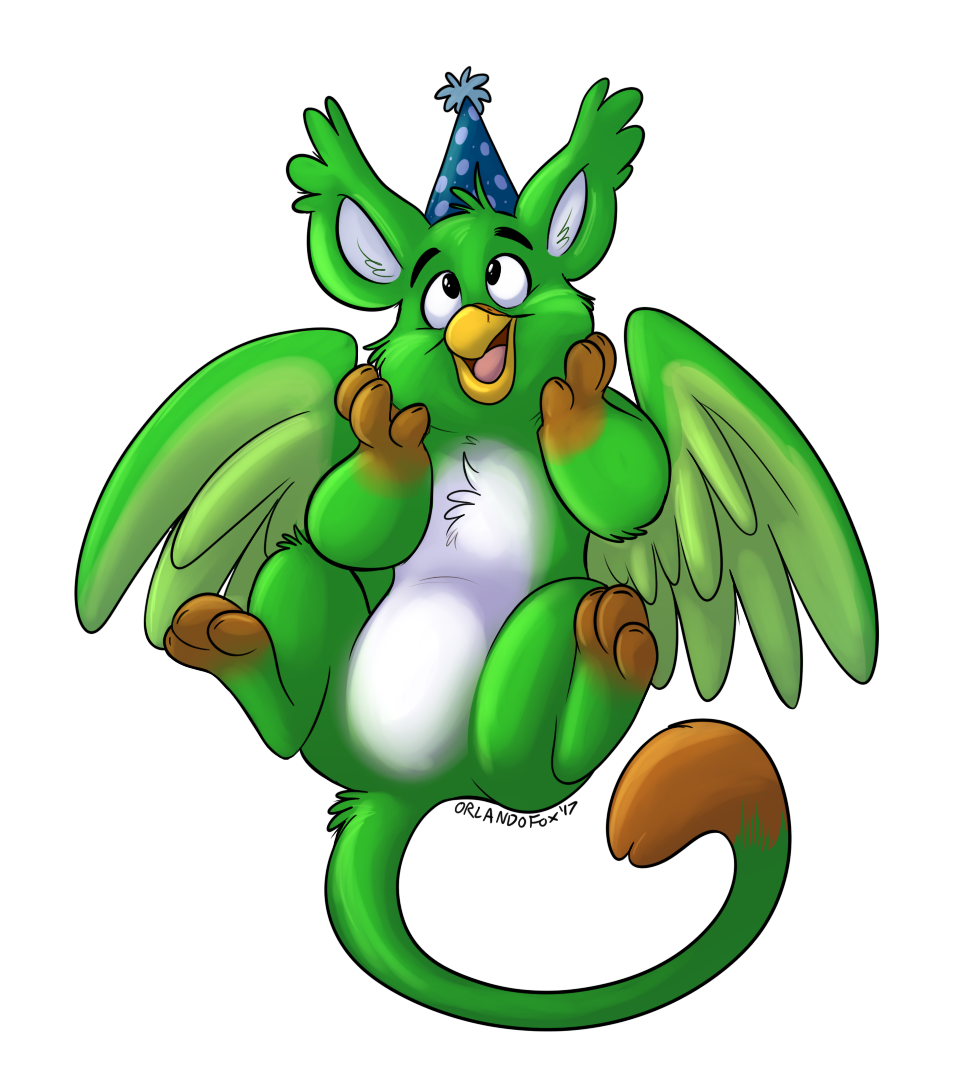 A smiling green gryphon with a white belly and brown paws looking up at a party hat while smiling. Artwork by OrlandoFox. Digital artwork.