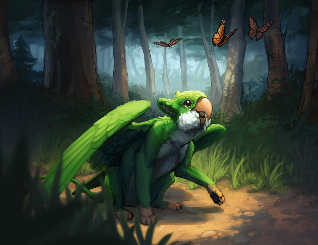 A green gryphon with a white belly and brown paws looks up at butterflies flying around him. The gryphon is in a forest. Artwork by OnyxSerpent. A fully rendered digital speed painting with intricate detail.