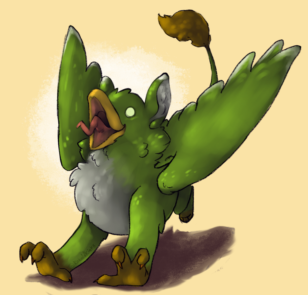 A green gryphon with a white belly and brown paws screams while running towards the viewer. Artwork by KoboldKinked. Digital artwork, colored lineart with light shading.