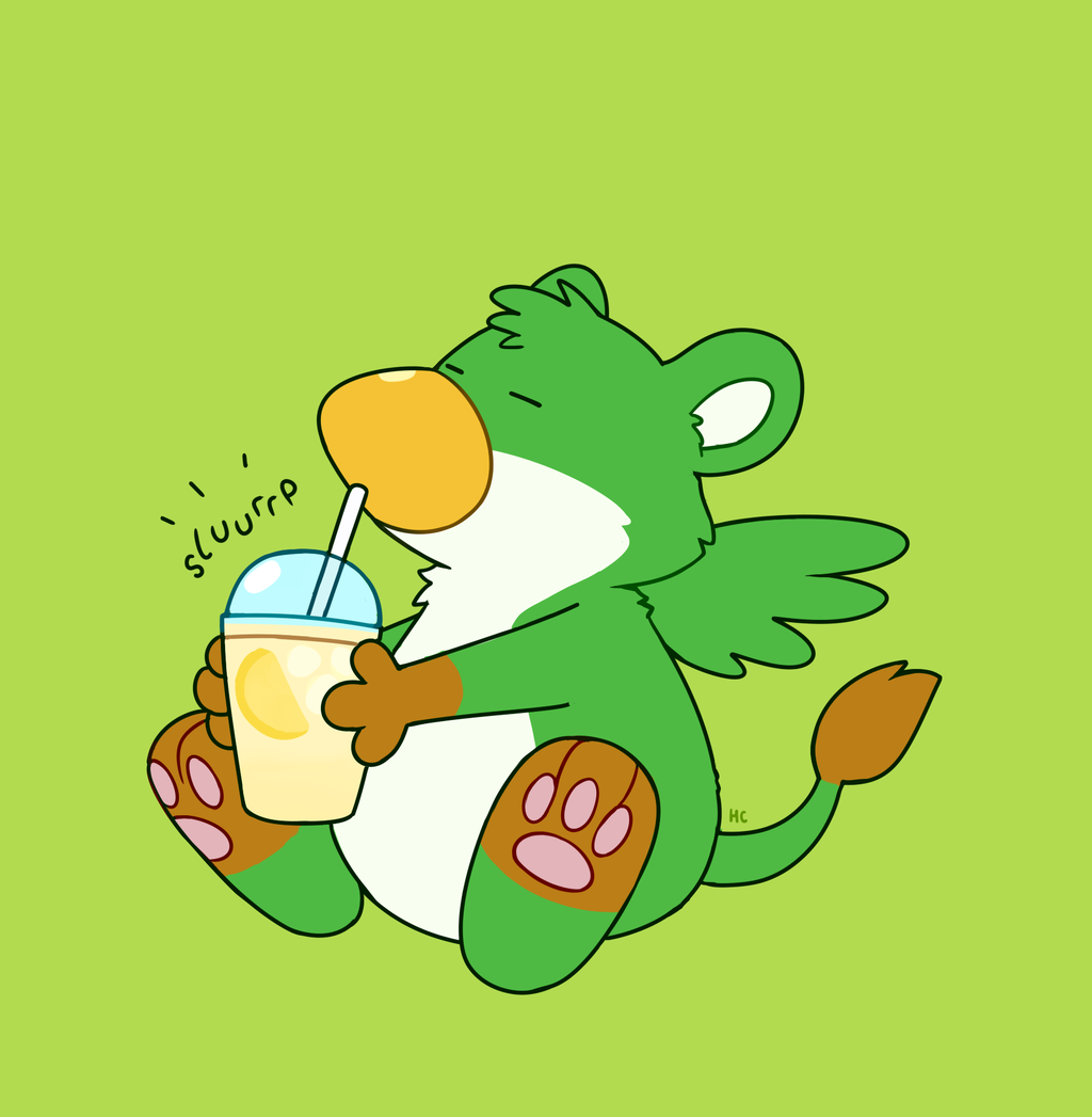 A green gryphon with a white belly and brown paws sits while sipping on a lemonade drink. Artwork by Rumwik. Digital artwork, cartoon outlines on a lime green background.