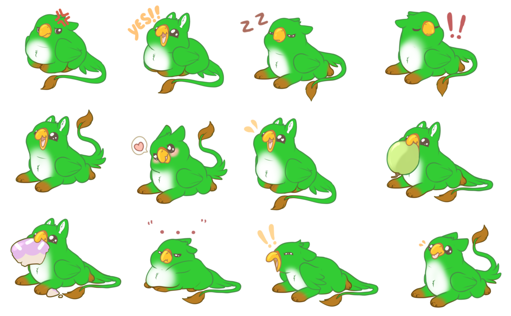 A sticker sheet with a green gryphon with a white belly and brown paws in various poses. Artwork by LeeohFox. Digital artwork.