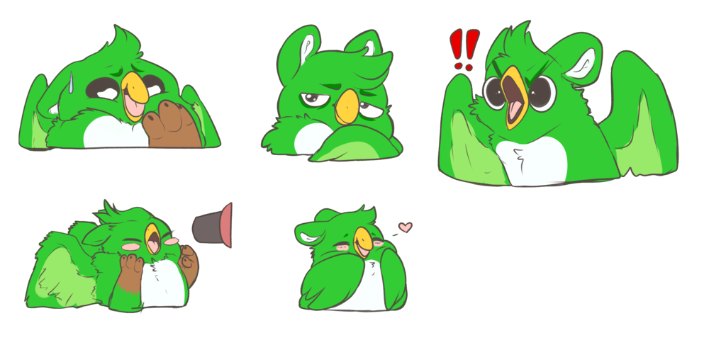 A sticker sheet with a green gryphon with a white belly and brown paws in various poses. Artwork by LeeohFox. Digital artwork.