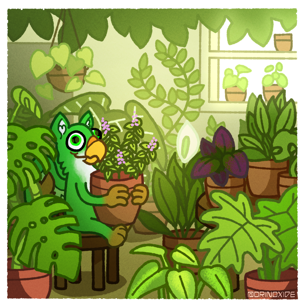 A green gryphon with a white belly and brown paws sits amongst potted greenery in a greenhouse. Artwork by OrinOxide. Digital artwork, cartoon lines.