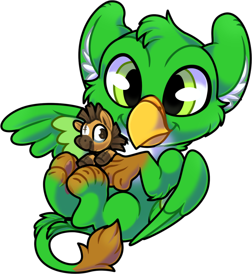 A transparent still of a green gryphon with brown paws and a white belly holding a brown horse plushie while lying on their back. Artwork by ArtyKeythong. Digital artwork, vector lineart.