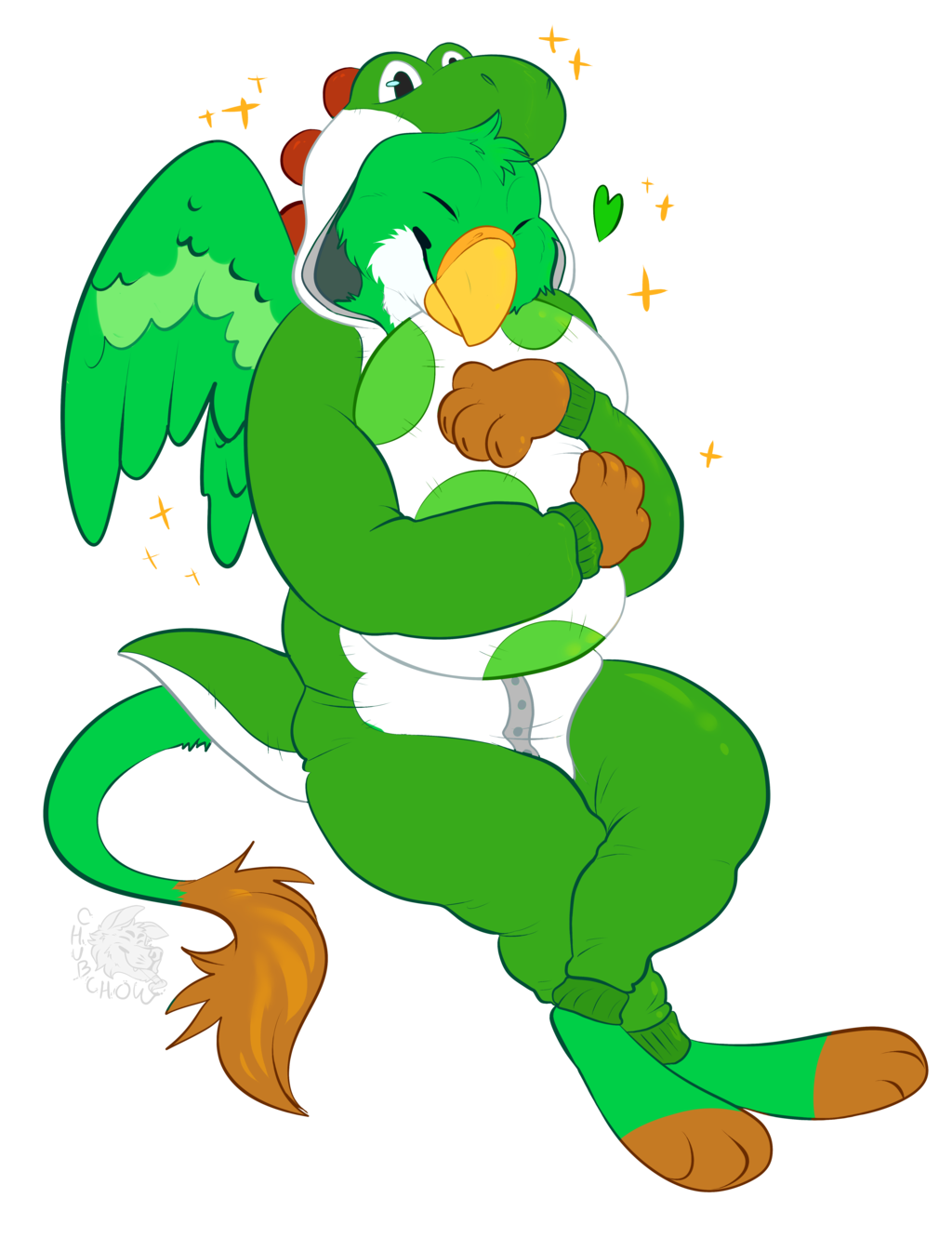 aeolus in a green yoshi kigu hugging an egg - artwork by chubchow