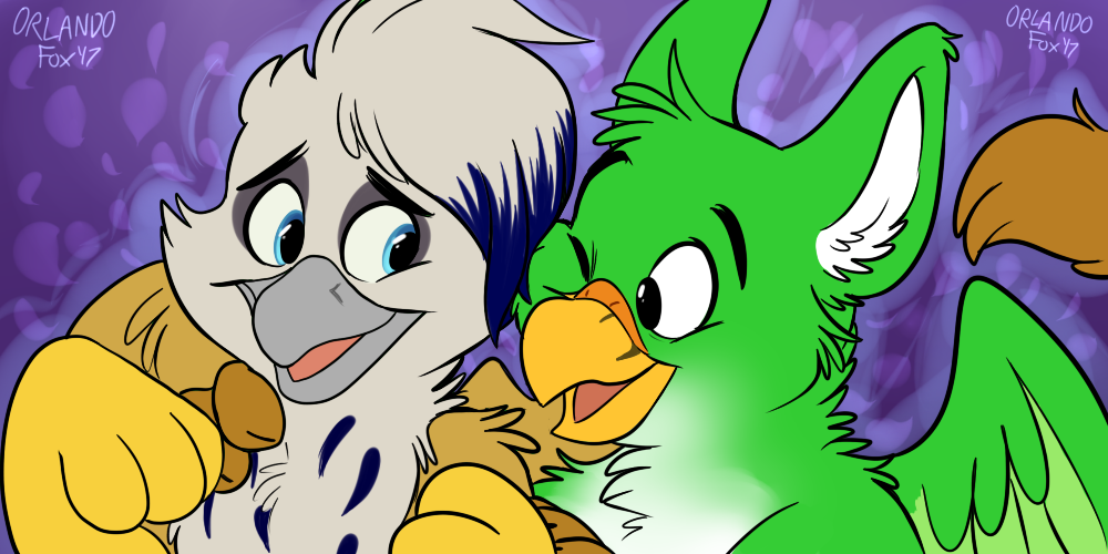 Two gryphons hugging each other. The gray and brown gryphon on the left has a worried expression while the green and white gryphon on the right winks and smiles at him. Artwork by Orlando Fox. Digital artwork.