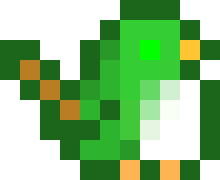 A pixel art rendition of a green bird, from Stardew Valley. Artwork by ConcernedApe, edited by taco.