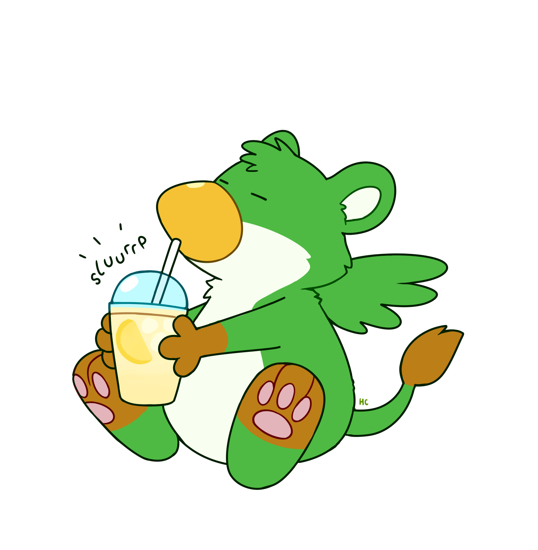 A digital drawing of a green gryphon as they sip on a lemonade drink from a plastic cup. Artwork by Rumwik.